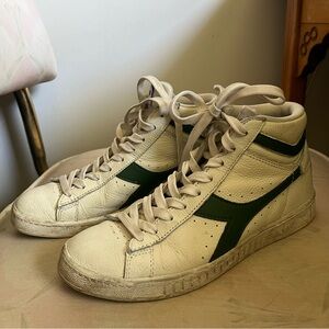 Diadora White and Dark Green High-Top Sneakers